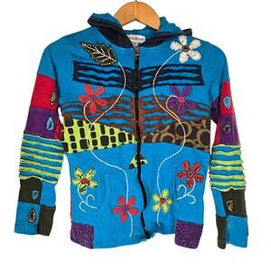 Seventh Avenue Nepal Patchwork Floral Hoodie Hippie Boho Gypsy Bohemian Large
